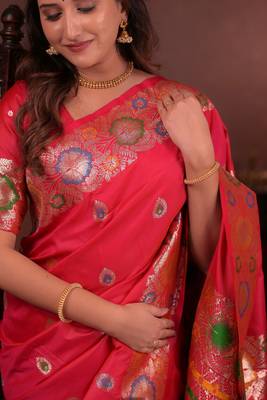 pink floral, zari woven faux kanjivaram saree with blouse 3