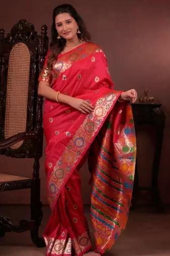 pink floral, zari woven faux kanjivaram saree with blouse