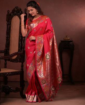 pink floral, zari woven faux kanjivaram saree with blouse 5
