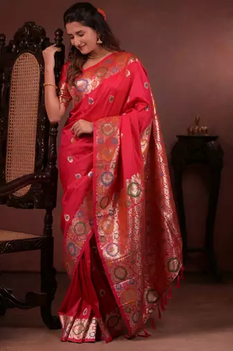 pink floral, zari woven faux kanjivaram saree with blouse