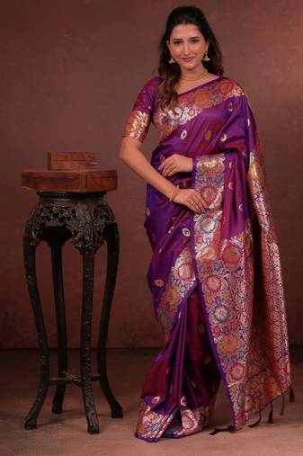 purple floral, zari woven faux kanjivaram saree with blouse