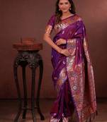 purple floral, zari woven faux kanjivaram saree with blouse