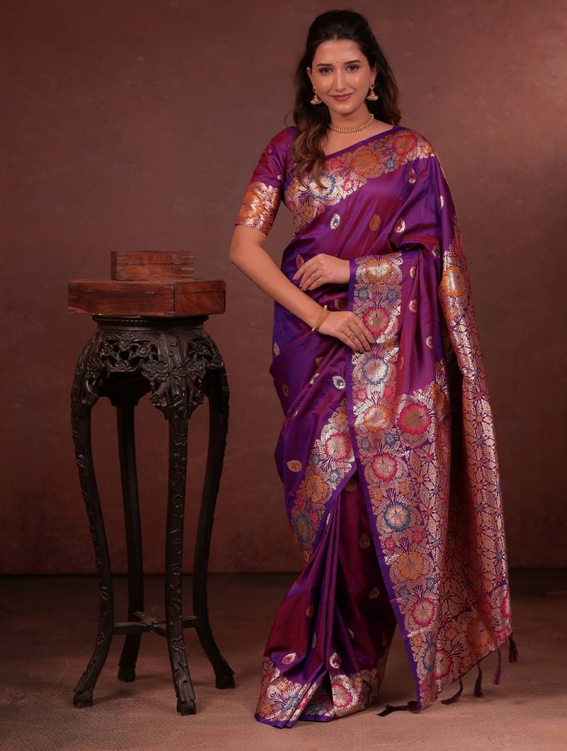 purple floral, zari woven faux kanjivaram saree with blouse
