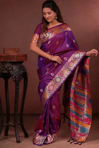 purple floral, zari woven faux kanjivaram saree with blouse