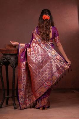 purple floral, zari woven faux kanjivaram saree with blouse 5