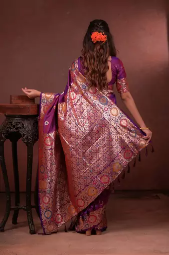 purple floral, zari woven faux kanjivaram saree with blouse