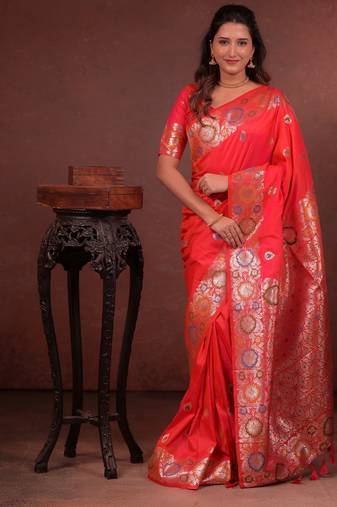 red floral, zari woven faux kanjivaram saree with blouse