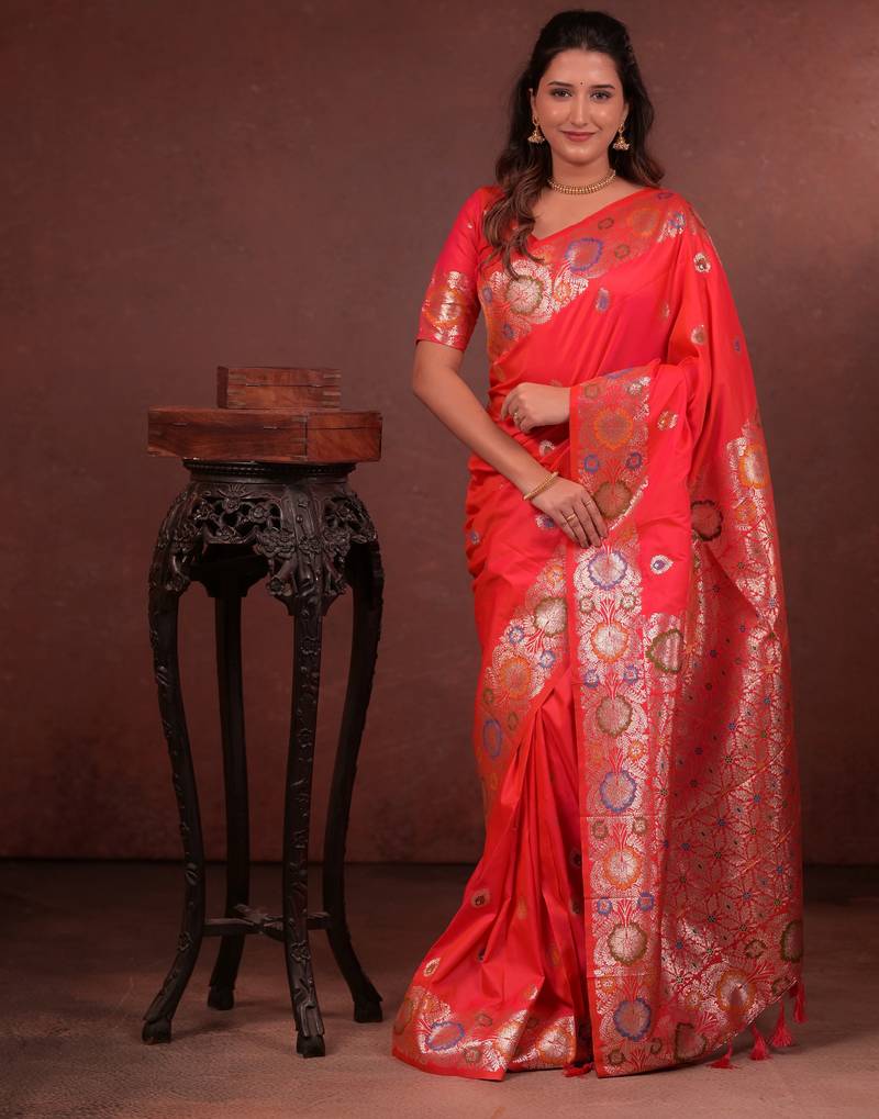 red floral, zari woven faux kanjivaram saree with blouse
