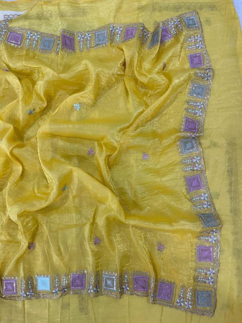 Yellow color Embroidery and Cuteork Border Work Silk Saree..