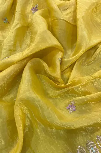yellow silk blend saree with thread embroidery work