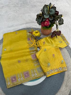 Yellow color Embroidery and Cuteork Border Work Silk Saree.. 1