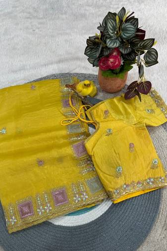 Yellow color Embroidery and Cuteork Border Work Silk Saree..