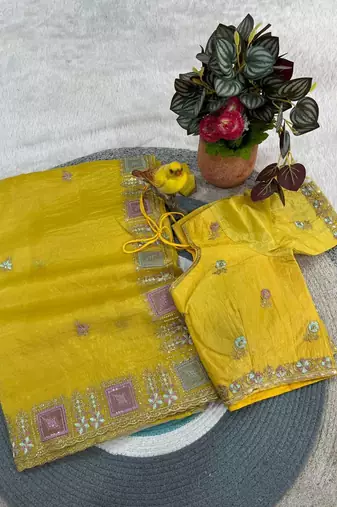 Yellow color Embroidery and Cuteork Border Work Silk Saree..