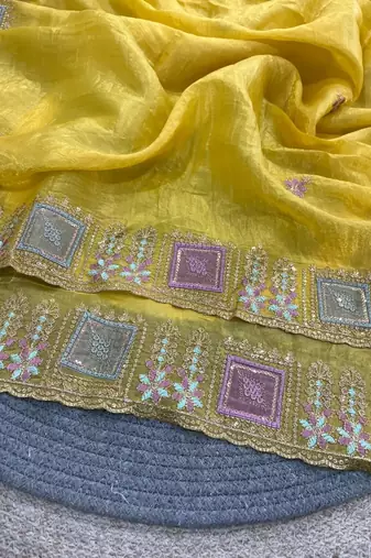 yellow silk blend saree with thread embroidery work