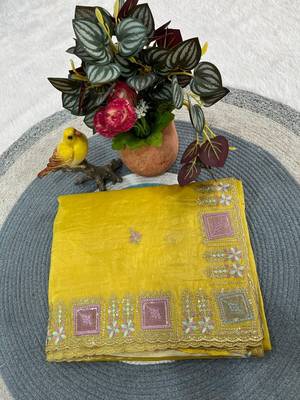 Yellow color Embroidery and Cuteork Border Work Silk Saree.. 5