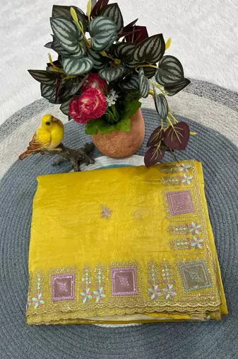 yellow silk blend saree with thread embroidery work