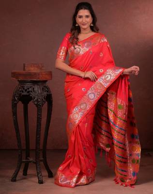 red floral, zari woven faux kanjivaram saree with blouse 3