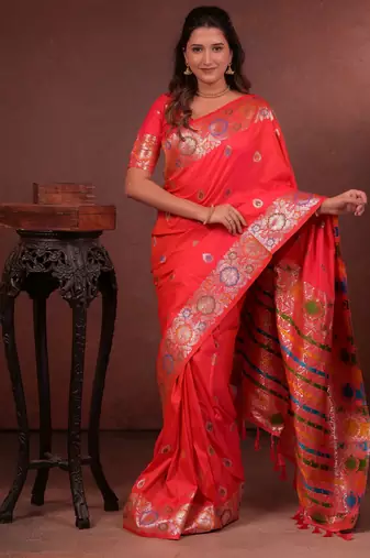 red floral, zari woven faux kanjivaram saree with blouse