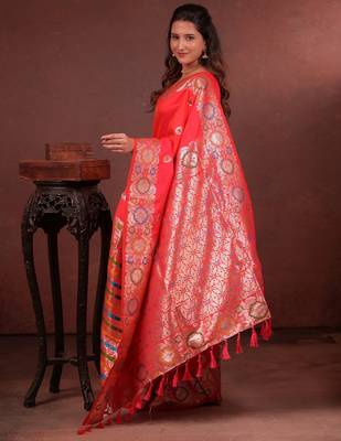 red floral, zari woven faux kanjivaram saree with blouse 4