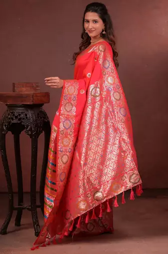 red floral, zari woven faux kanjivaram saree with blouse