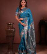 sky blue floral, zari woven faux kanjivaram saree with blouse