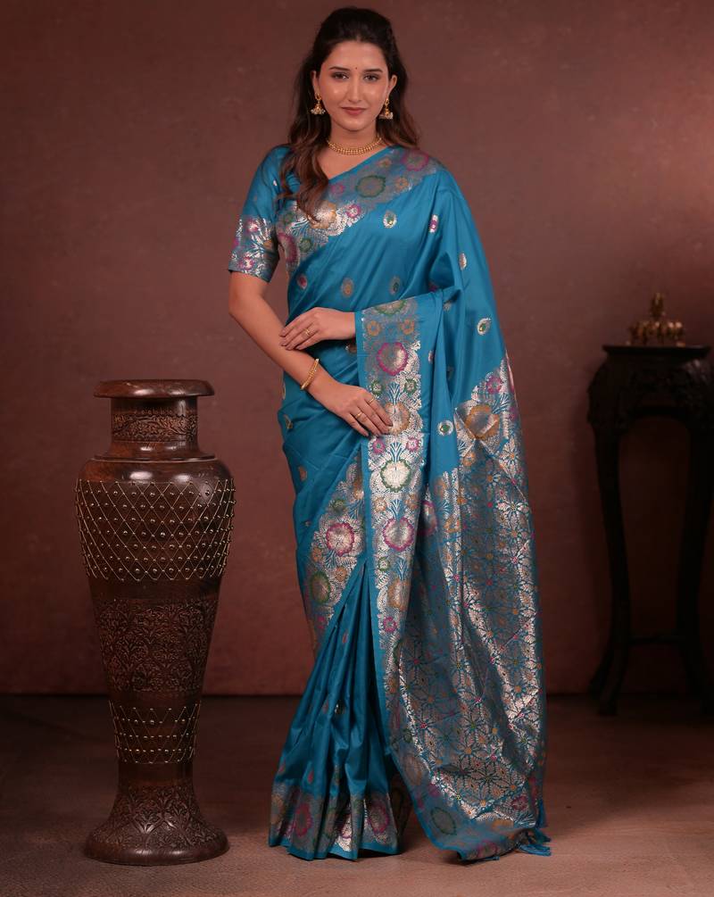 sky blue floral, zari woven faux kanjivaram saree with blouse