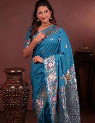 sky blue floral, zari woven faux kanjivaram saree with blouse 2
