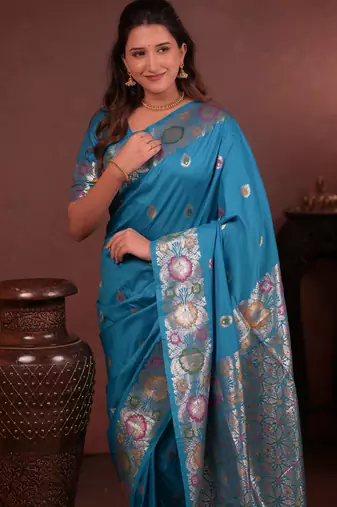 sky blue floral, zari woven faux kanjivaram saree with blouse