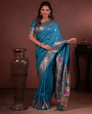 sky blue floral, zari woven faux kanjivaram saree with blouse 3