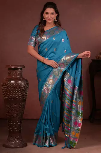 sky blue floral, zari woven faux kanjivaram saree with blouse