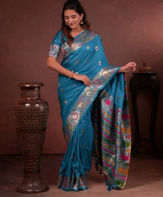 sky blue floral, zari woven faux kanjivaram saree with blouse 4