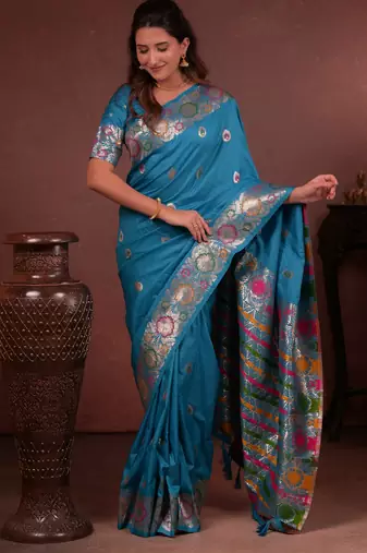 sky blue floral, zari woven faux kanjivaram saree with blouse