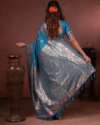 sky blue floral, zari woven faux kanjivaram saree with blouse 5