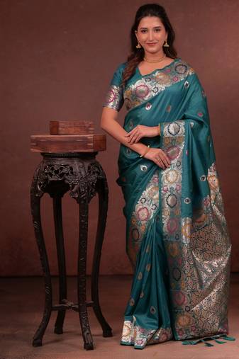 teal green floral, zari woven faux kanjivaram saree with blouse