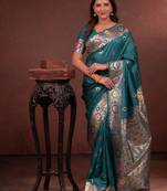 teal green floral, zari woven faux kanjivaram saree with blouse