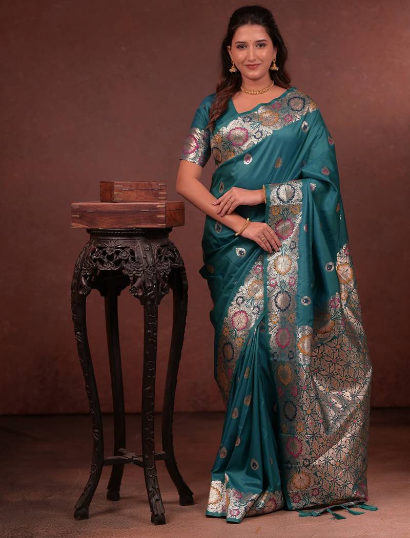 teal green floral, zari woven faux kanjivaram saree with blouse