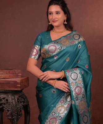 teal green floral, zari woven faux kanjivaram saree with blouse 2