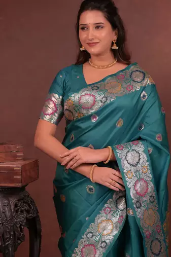 teal green floral, zari woven faux kanjivaram saree with blouse