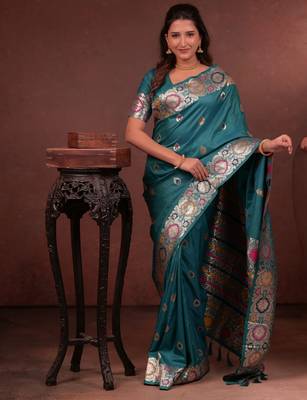 teal green floral, zari woven faux kanjivaram saree with blouse 3