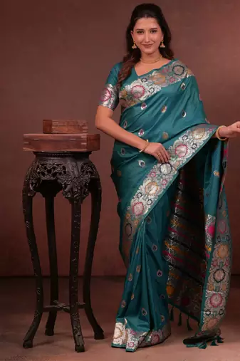 teal green floral, zari woven faux kanjivaram saree with blouse