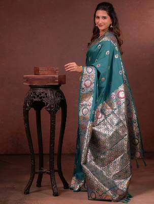teal green floral, zari woven faux kanjivaram saree with blouse 4