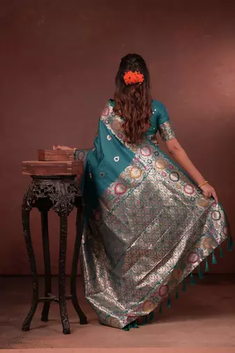 teal green floral, zari woven faux kanjivaram saree with blouse