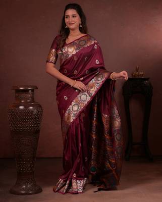 wine floral, zari woven faux kanjivaram saree with blouse 1