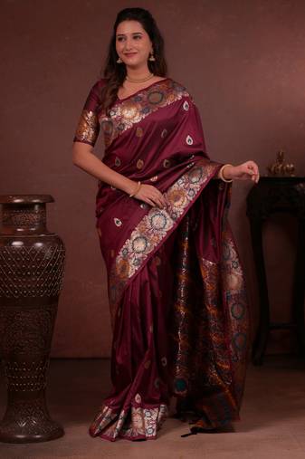 wine floral, zari woven faux kanjivaram saree with blouse