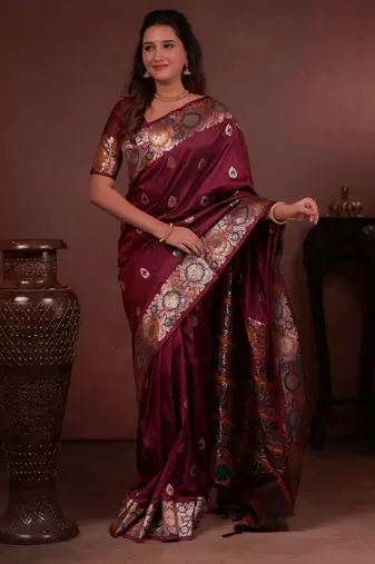 wine floral, zari woven faux kanjivaram saree with blouse