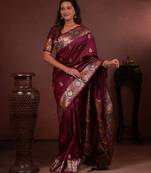 wine floral, zari woven faux kanjivaram saree with blouse