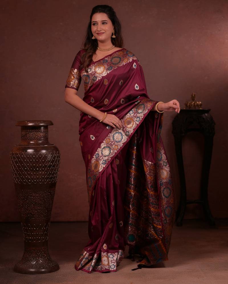 wine floral, zari woven faux kanjivaram saree with blouse