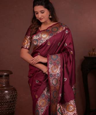 wine floral, zari woven faux kanjivaram saree with blouse 2