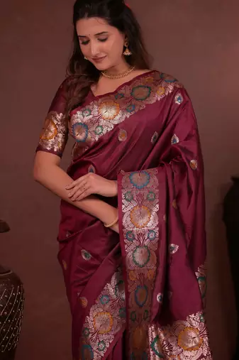 wine floral, zari woven faux kanjivaram saree with blouse