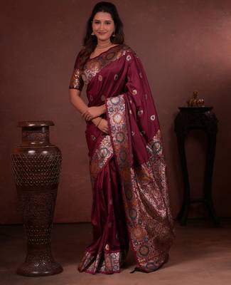 wine floral, zari woven faux kanjivaram saree with blouse 3